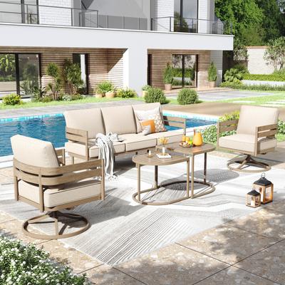 MAISON ARTS 5 Seats Patio Conversation Set Curved Metal Wood-Like Sofa Set