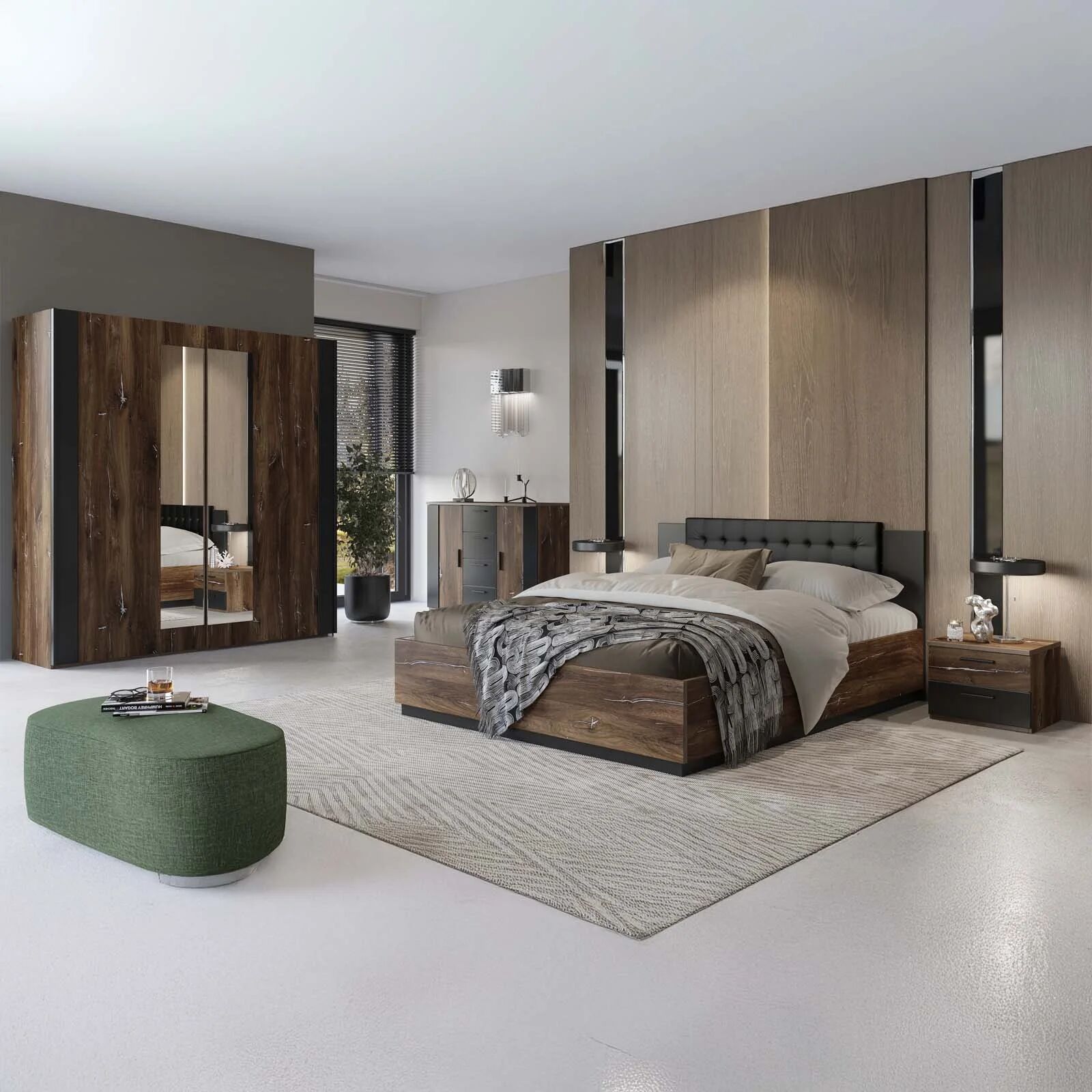 garneroarredamenti Letto 140x200cm alla francese rovere scuro nero Vulcano