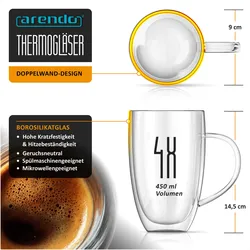 Arendo, Tasse, Thermogläser 4er Set 450 ml, doppelwandig, mit Henkel, Borosilikatglas, Kaffeegläser (450 ml, 4x)