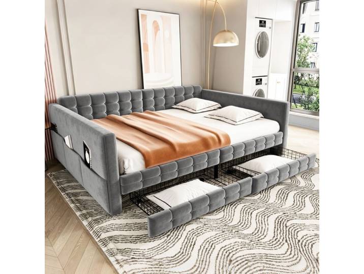 Canapé-lit rembourré - 140x190 cm - Motif à carreaux classique - Compartiments de rangement latéraux