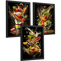 POSTER 3er Set Küchen-Wandbilder Dessert Salat und Obst Splash Fotografie Schwarzer Hintergrund Esszimmer Schwarzer Rahmen A4