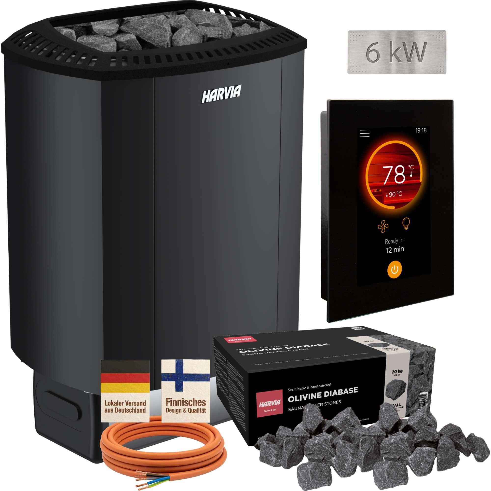 Harvia Sound M60E Black 6 kW Saunaofen Set 7-teilig, Fenix FX110 WiFi Steuerung, Steine & Kabel - Smartes Starter-Set