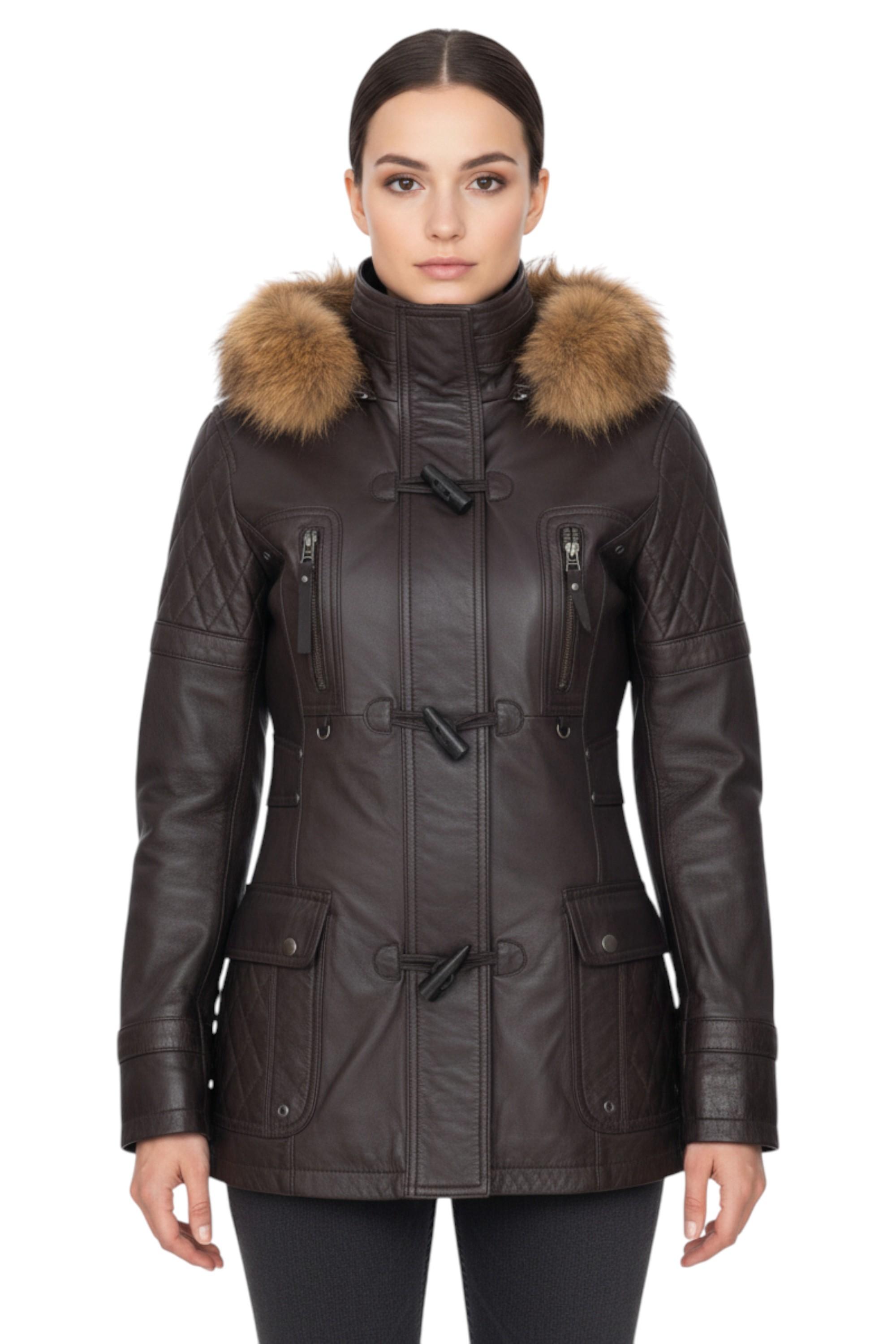 Damen-Parka mit Steppung und Pelzkapuze aus braunem Lammleder – Duchess
