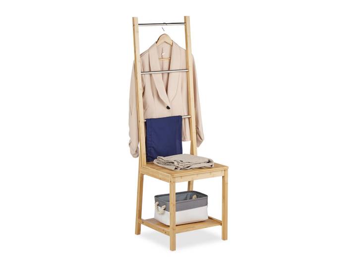 Relaxdays Kleiderdiener Natur Silber Bambus mit Sitz, Hellbraun, Holz, Metall, 40x133x42 cm, Schlafzimmer, Kleiderständer
