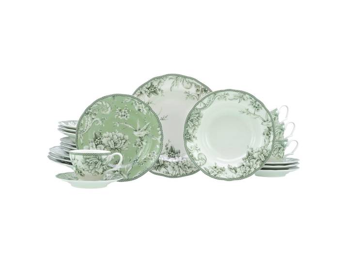 Creatable Kombiservice Adelaide Grün, Grün, Weiß, Keramik, 20-teilig, Blume, 200 ml,200 ml, stapelbar, Essen & Trinken, Geschirr, Geschirr-Sets, Kombiservice