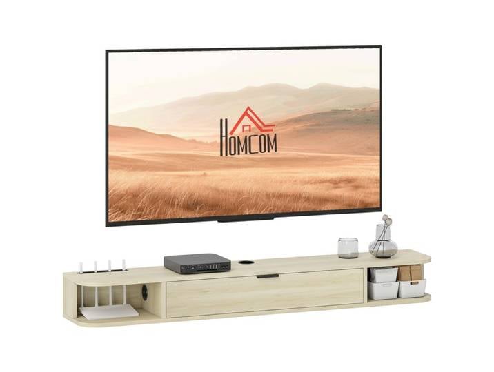 Meuble TV suspendu - Meuble télévision - Banc mural de rangement - Abattant - 2 étagères ouvertes - 140 x 24 x 16 cm - EUJIGSHOP