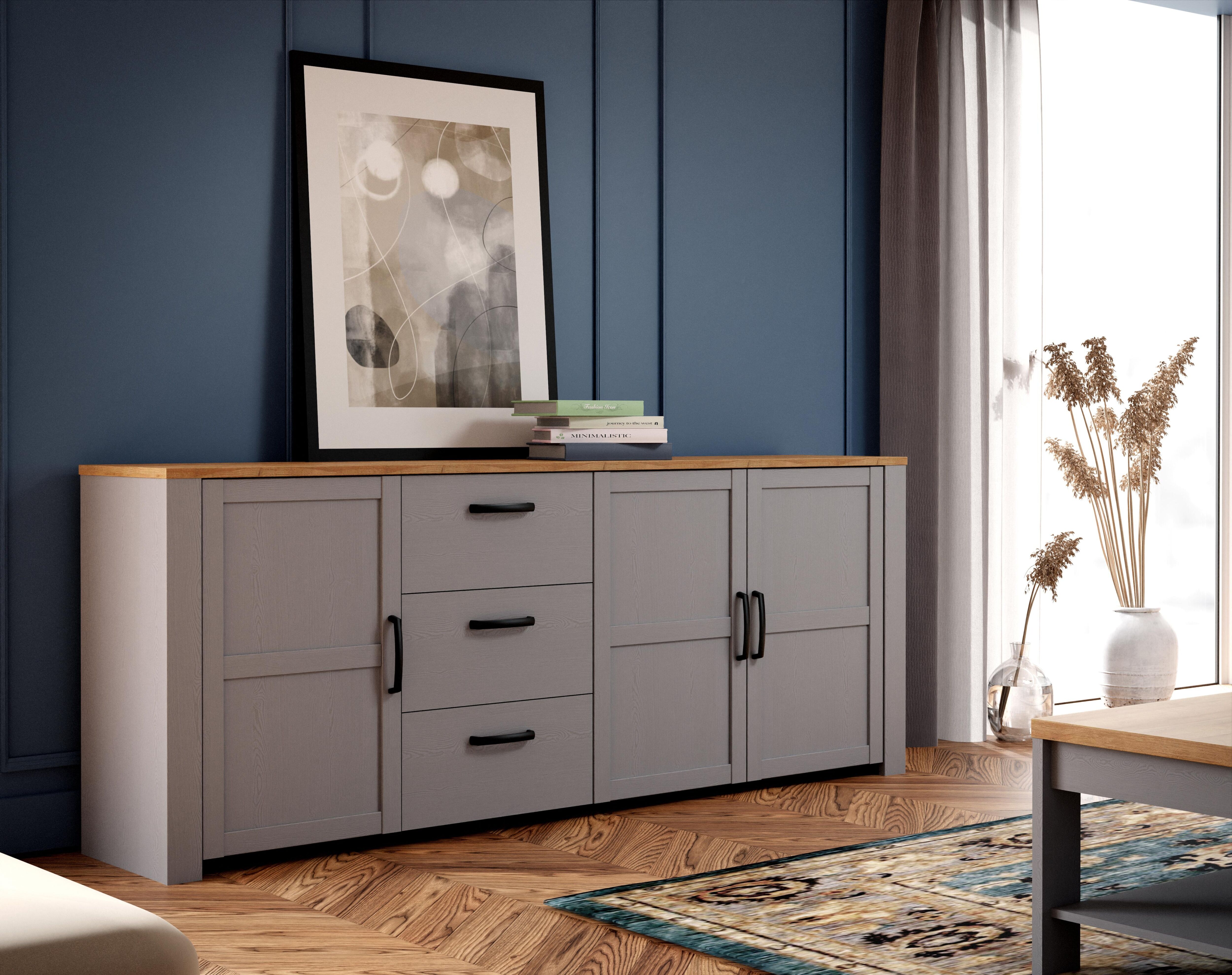 Sideboard FORTE "Bohol, grosses Sideboard,Breite 2,20 mtr. Soft-Close, Stauraum", grau (eichefarben, grau), B:220,8cm H:87,2cm T:42cm, Sideboards, Sideboard, Breite 220 cm eichefarben, grau B/H/T: 220,8cm x 87,2cm x 42cm, 3 Stk., 3 Stk.