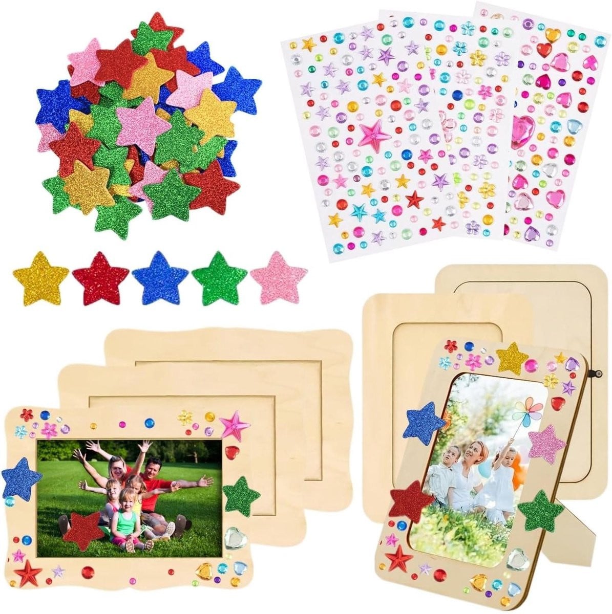 Set van 6 houten fotolijsten voor creatieve knutselsets inclusief accessoires