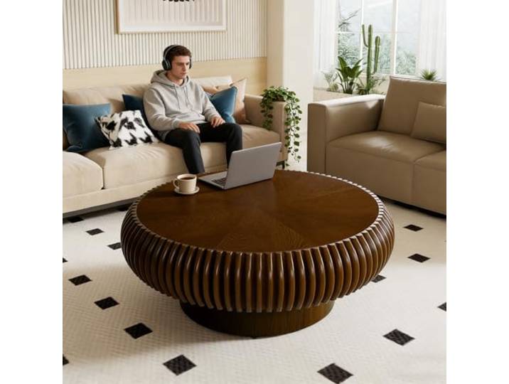 FeiZhiYanS Runder, geriffelter Couchtisch aus Massivholzfurnier Mid-Century-Modern-Boho-Stil, Für Wohnzimmer, Kleine Wohnung