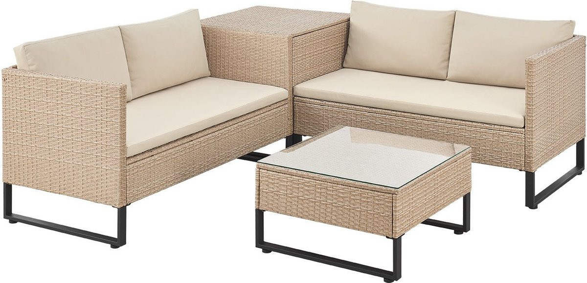 Juskys Loungeset Santorini - Modulaire Tuinset van Polyrotan - Crème - Inclusief Tafel en Opbergbox