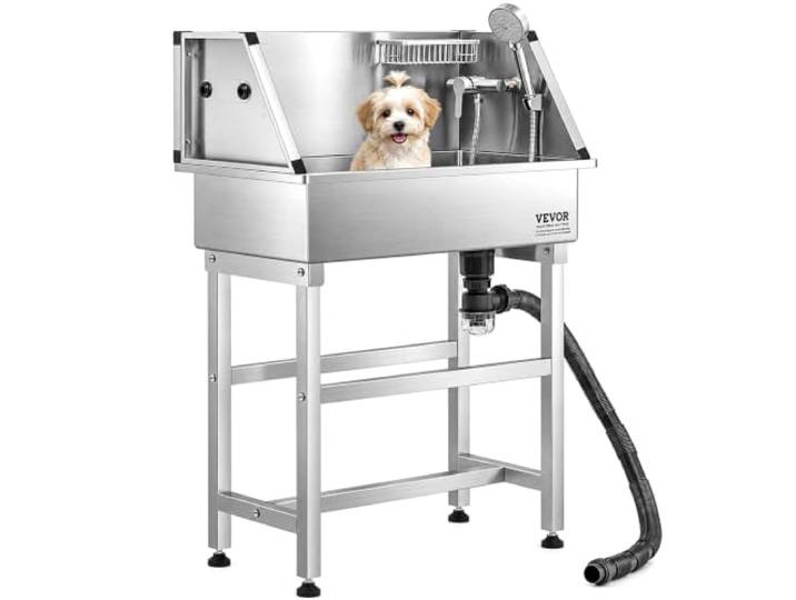 VEVOR Baignoire de Chien Acier Inoxydable\, Baignoire de Toilettage pour Animaux de Compagnie 87 cm Station de Lavage Chat\, avec Robinet\, Pommeau de Douche\, Porte-Savon\, pour Plusieurs Types d'animaux