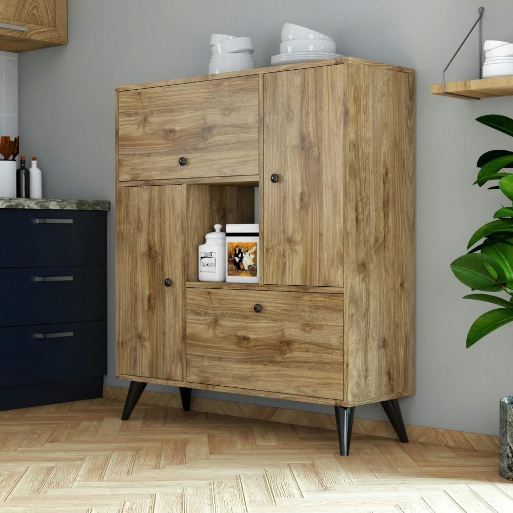 Pier import Buffet haut 4 portes 1 niche décor bois Marron 105x120x35cm