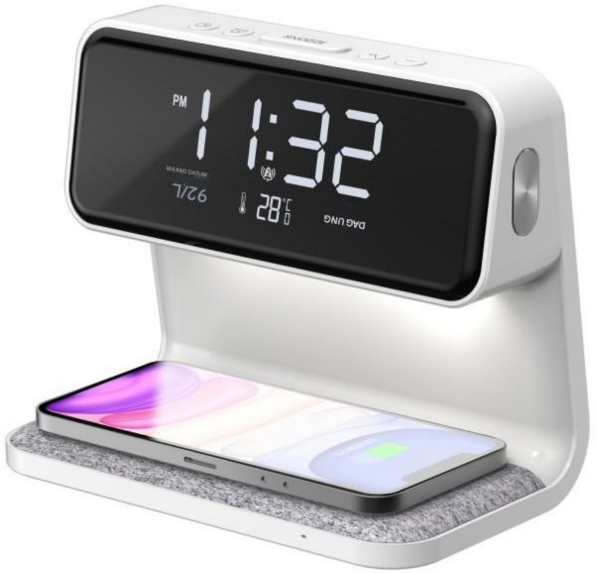 GELLDG Digitale wekker met Wake-up Light, draadloos opladen en dimbaar LED-scherm, Wit