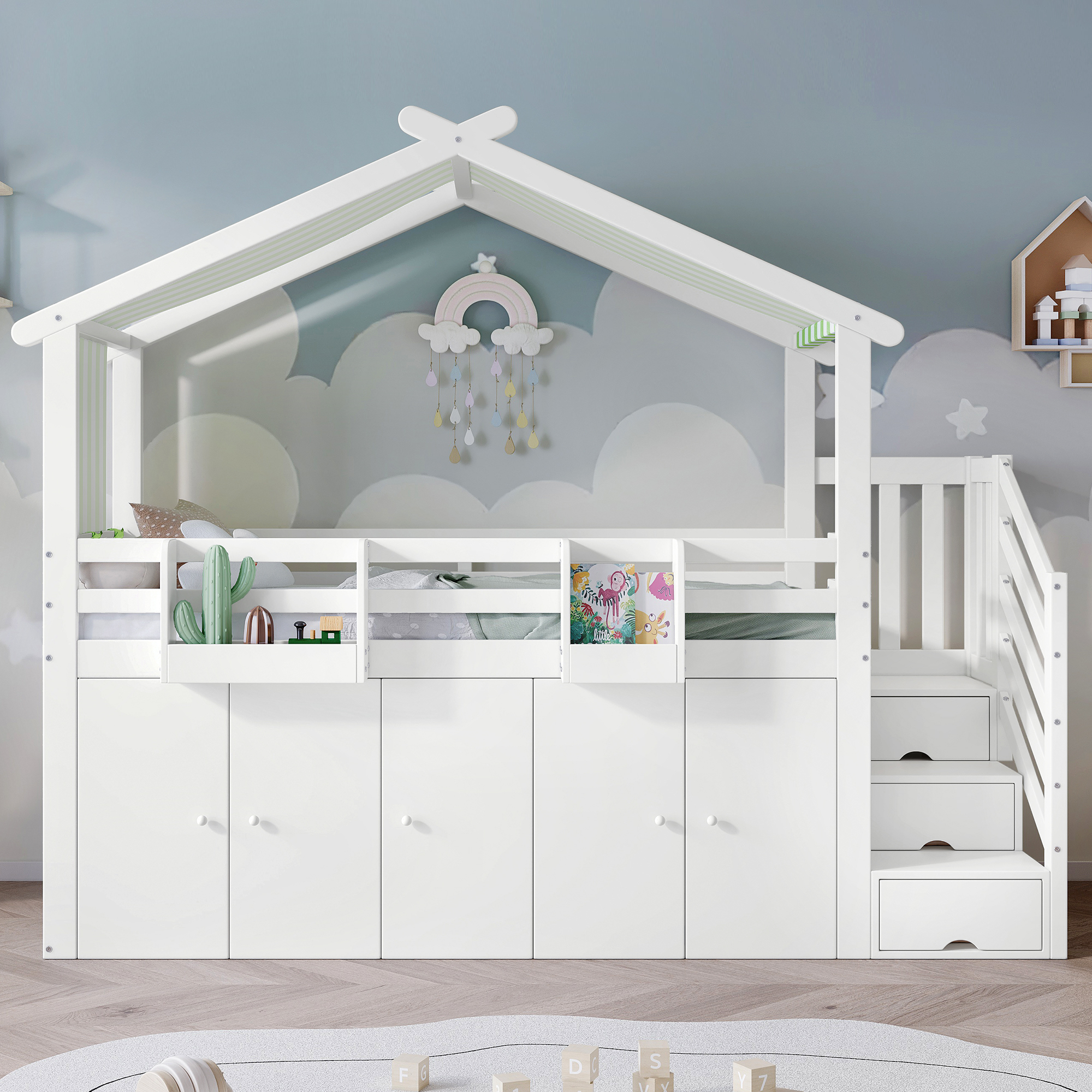 okwish Etagenbett Kinderbett 90x200cm mit Fallschutzgitter, 1 Kleiderschrank und 2 Schließfächer, mit 3 Schließfächer in der Treppe, gestreifter Stoff, Kiefer+MDF+Sperrholz, Weiß+Grün(Ohne Matratze)