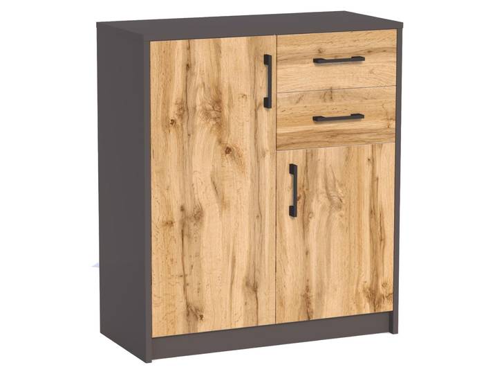 Kommode mit 2 Schubladen und 2 Türen in matter Ausführung, Kommode 74cm breit Holz Schrank Sideboard Highboard Kommode mit Schubladen Graphit-Eiche
