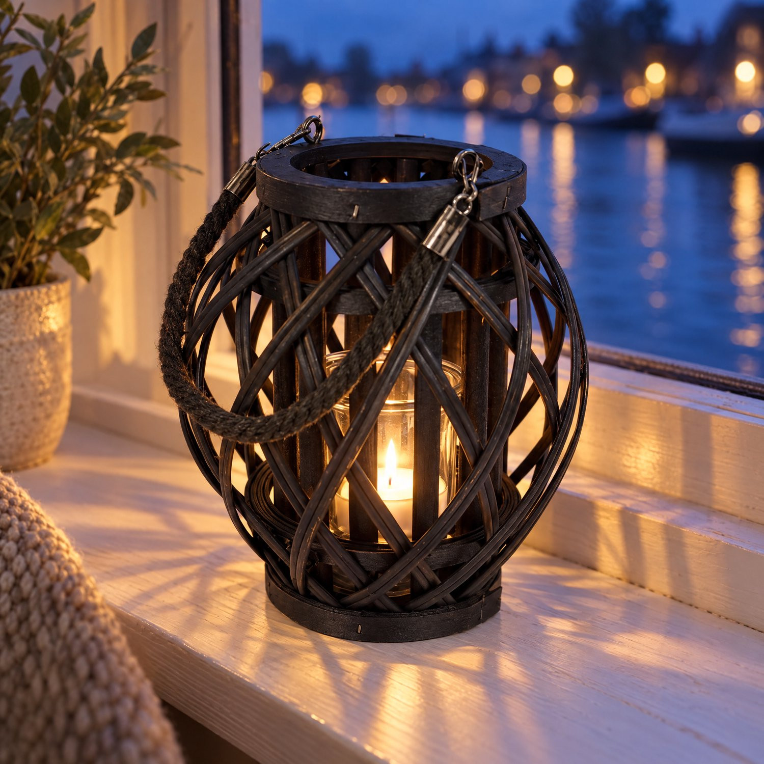Cheqo Windlicht Zwart - Bamboe Lantaarn met Glas en Touw Handvat - Sfeerverlichting voor Tafeldecoratie