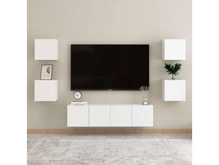 HEFZGDB 6-TLG. TV-Schrank-Set Weiß Holzwerkstoff Wandmontage mit Staufächern für Bücher und Medien