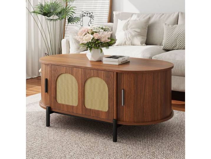 Table basse - WESTYLE - Modèle 100x50x40 cm - Ovale - Aspect bois & rotin - Pieds métal