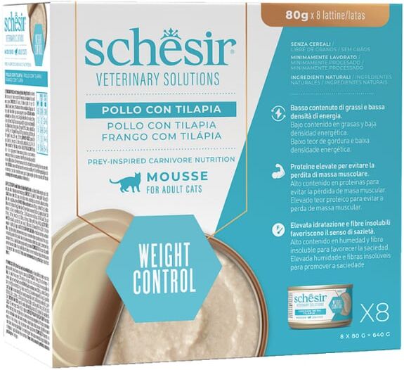 Schesir Cat Veterinary Weight Control Mousse de Frango e Peixe 8 uds x 80g
