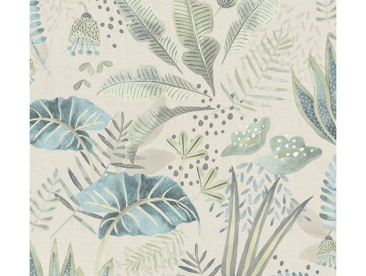 SPEELSE BLADEREN BEHANG Botanisch - Beige Groen Blauw - LivingWalls Famous Garden