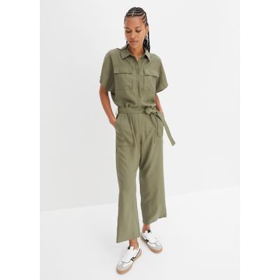 Jumpsuit BONPRIX, Damen, Gr. 40, N-Gr, grün (oliv), Obermaterial: 100% Lyocell (TENCEL™), bequem, Overalls Jumpsuit, aus Lyocell, mit Hemdblusenkragen