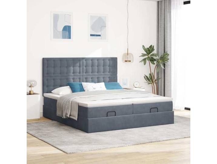 KTHLBRH Pouf Bett mit Kopfteil Samt Dunkelgrau 160 x 200 cm Taschenfederkernmatratzen, hydraulischer Behälter, inklusive 2 Matratzenschoner