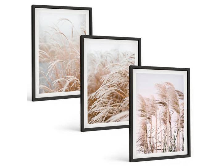 Tulup Bilder SET 3er Set - 40x60 cm Schwarzer Rahmen - Grasflächen in Braun- und Beigetönen, Kunststoff, Rechteckig, 40x60 cm, einfache und schnelle Anbringung, Bilder & Rahmen, Bilder