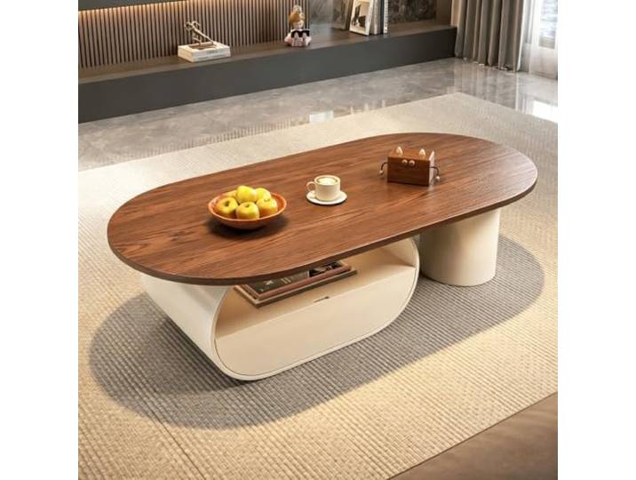 Ovaler moderner Couchtisch in Creme-Optik, Holz-Mitteltisch mit Stauraum Ovaler cremefarbener Holzcouchtisch, großer Stauraum, stabiler Aufbau für Wohnzimmer & Luxusvillen(A,120cm/47.2in)