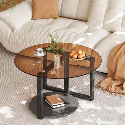 FATIVO Round Amber-Tinted Tempered Glass Coffee Table Living Room Center Table with 2-Tier