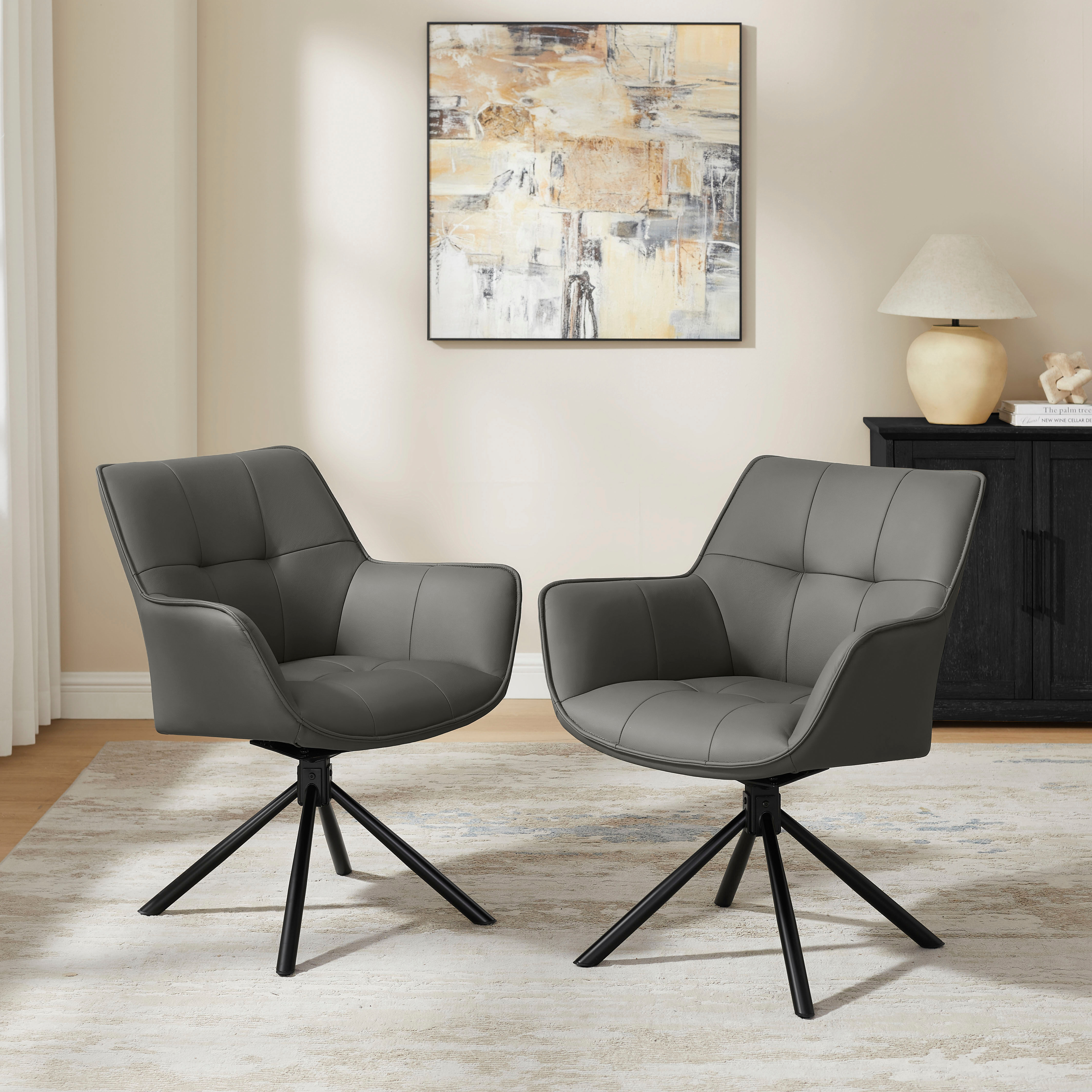 Drehstuhl GOODPRODUCT "Lika", grau (grau, schwarz), B:69cm H:85cm T:68cm, Stühle, Drehstuhl, echtes Leder, 360 Drehfunktion, Steppnähte, Metallgestell grau, schwarz B/H/T: 69cm x 85cm x 68cm, 2 Stk., Leder SUAVE