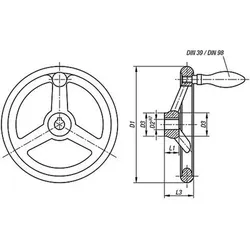 HANDRAD DIN950, D1=315 PASSBOHRUNG D2=30H7, ALUMINIUM, KOMP:ALUMINIUM, BALLENGRIFF FESTSTEHEND