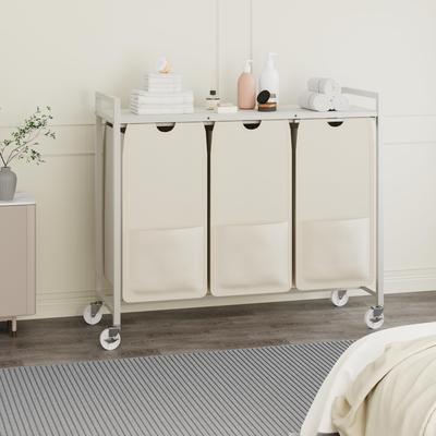 Garvee 3 Section Laundry Hamper with Shelf, 34.5 Gal Capacity, Pull-Out Removable Bags, Rolling Wheels, Metal Frame Organizer