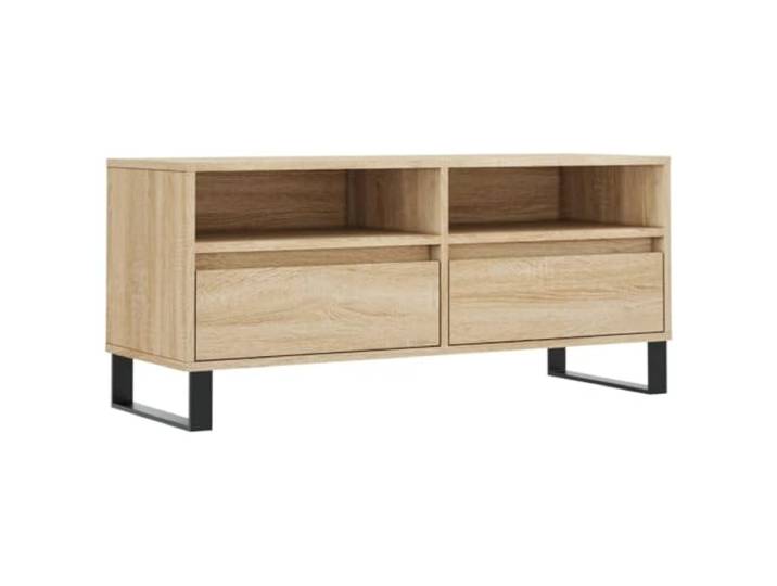 LKJephalotrope TV-Schrank Sonoma-Eiche 100x34,5x44,5 cm TV-Board Kompaktes Lowboard in Sonoma-Eiche-Optik mit 2 Fächern, 2 Schubladen und Eisenbeinen für Wohnzimmer und Schlafzimmer.