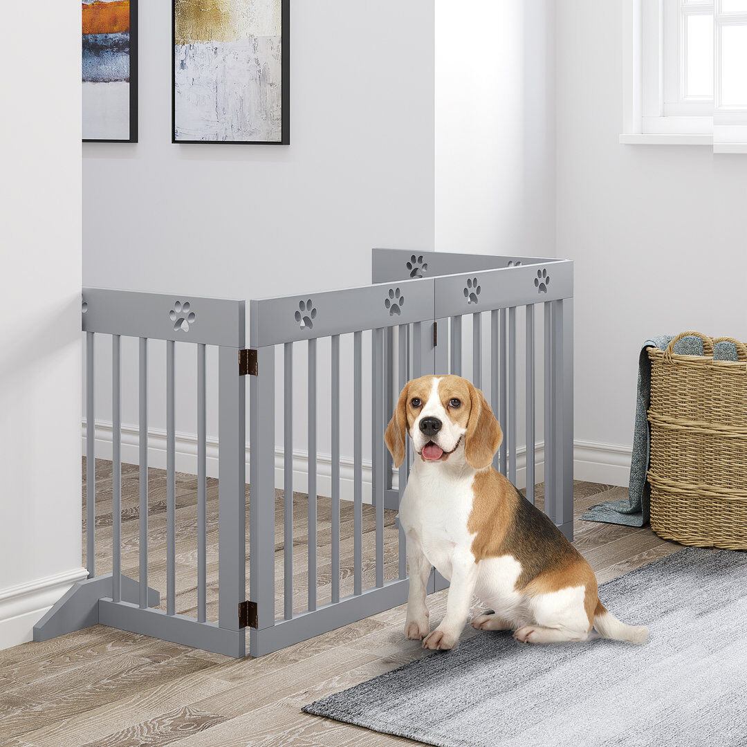 Archie & Oscar Martinez Pet Gate 4 Panel Wooden Dog Barrier Folding Fence with Support Feet Light Wood 61cm H X 204cm W X 30cm D