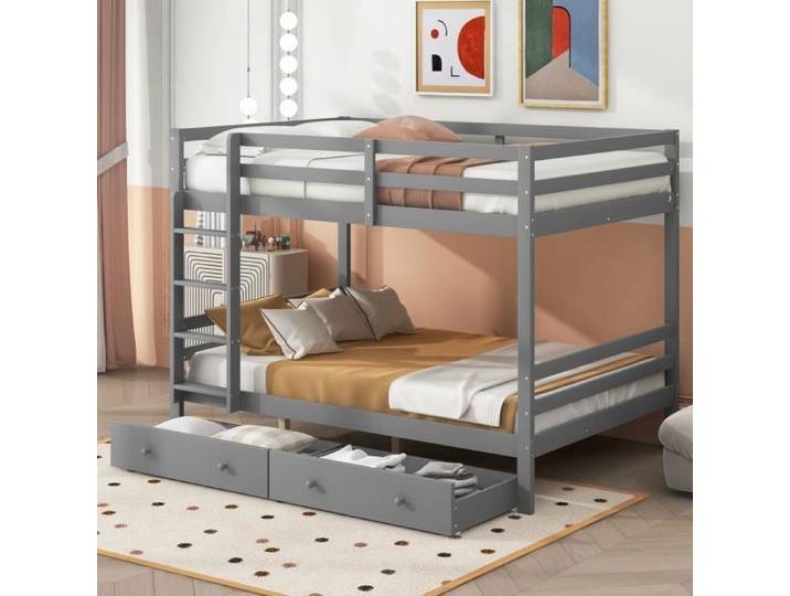 Lit superposé - Enfant - 140x200cm - Bois massif - 2 tiroirs - Gris