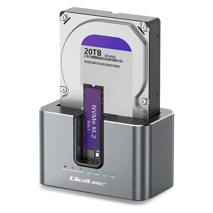 Qoltec Stacja dokująca 2w1 HDD SSD | SATA | M.2 NVME | Klonowanie | USB-C | 10Gb/s | 28TB (52631) (M.2) (52631)