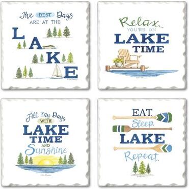 Thirstystone Lake Time 4 Pack Assorted Tumbled Tile Stone Coasters with Cork Backing Made in the USA Absorbent, Wipes Clean