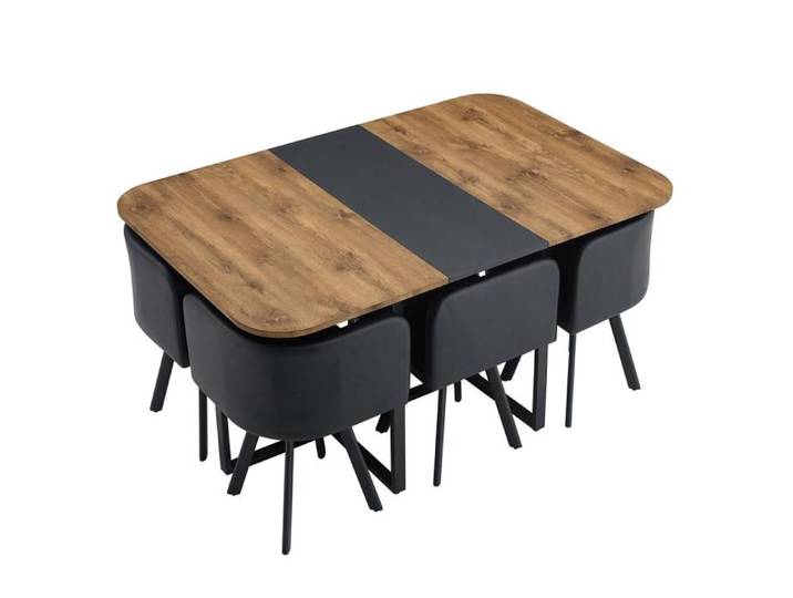 VLIVRA Ensemble Table Extensible et 4 Chaises - 4 à 6 Personnes - MDF Métal et PU - Noir et Bois