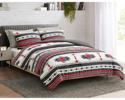 Home Mart Goods Southwestern Aztec Beige Grey Red Warm Super Thick Soft Borrego Sherpa Quilted Blanket 3 Piece Set