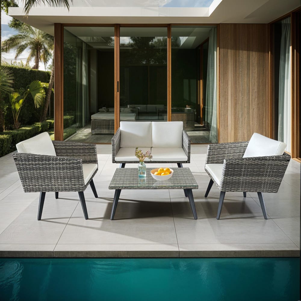 Maison et Styles Salon de jardin en rotin et alu 4 places + table basse Beige 112x68x64cm