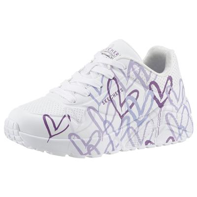 Sneaker SKECHERS "UNO LITE - SPREAD THE WORLD", Mädchen, Gr. 31, lila (weiß, lila), Synthetik, Schuhe Sneaker, Schnürschuh mit süßem herzchen Print, Größenschablone zum Download