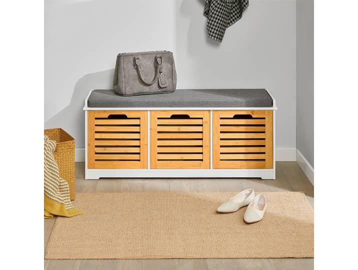 SoBuy FSR23-WN Commode moderne avec 3 paniers, meuble à chaussures avec coussin de siège, repos de jeu, tissu en bois