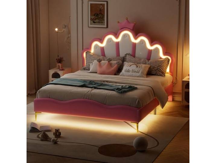 Kinderbett 140x200 mit LED-Streifen,Mädchenbett 140x200 cm,PU-Leder,Rosa Kronen-Polsterbett 140x200 mit Höhenverstellbares-Kopfteil,Prinzessinbett,Doppelbett Bettgestell mit Lattenrost,ohne Matratze