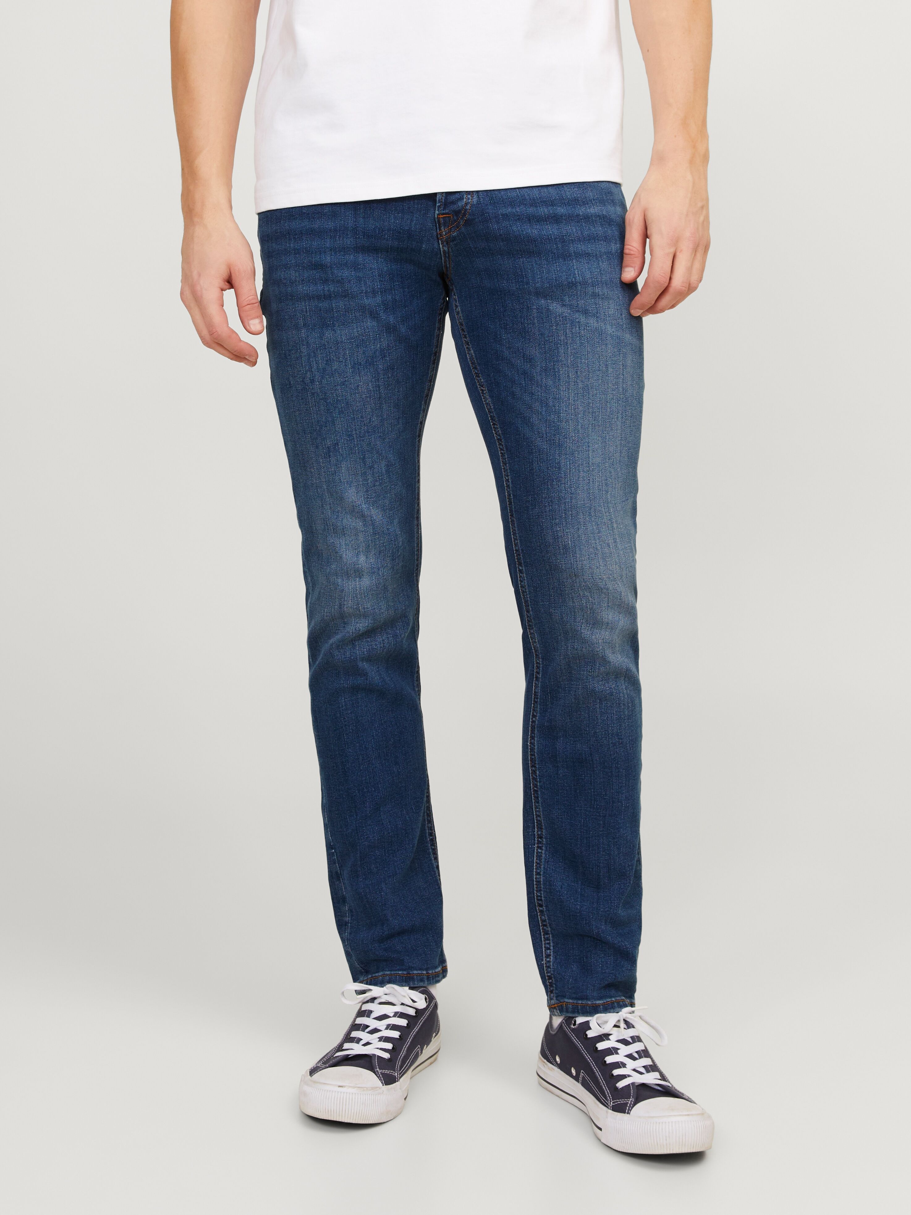 Slim-fit-Jeans JACK & JONES "JJITIM mit Waschung und praktischen Taschen", Herren, Gr. 36, Länge 34, blau (dunkelblau, used), Denim/Jeans, Obermaterial: 85% Baumwolle, 13% Polyester, 2% Elasthan, slim fit, Jeans Slim-fit-Jeans, Abriebeffekte, modisch, sli