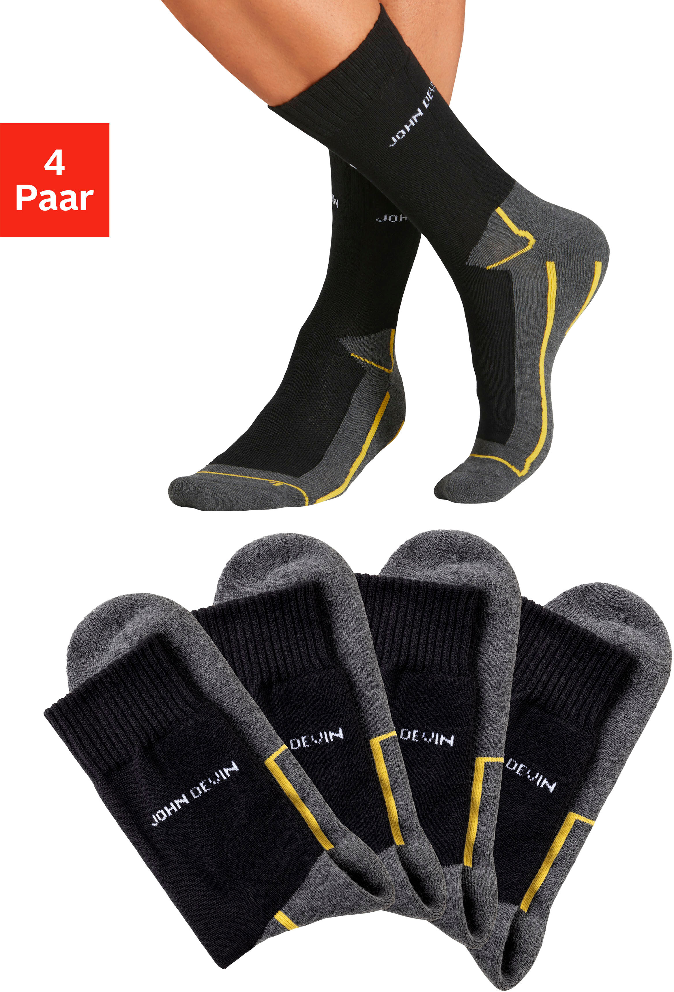 Funktionssocken JOHN DEVIN "Herrensocken mit Komfortbündchen", Gr. 47-48, schwarz (4x schwarz), Baumwollmischung, elastisch, Socken Funktionssocken, mit Sohlen über Zehen und hoch Fersenplüsch 4x schwarz 47-48