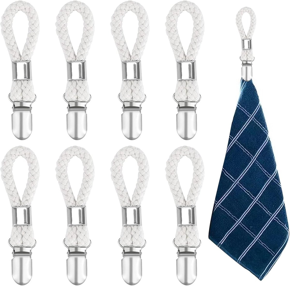 Set van 8 witte handdoekclips met lussen voor in de badkamer of keuken