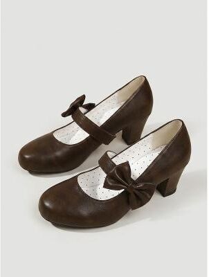 LightInthebox Women's Brown Leather Bow Mary Jane Pumps - Vintage Mary Jane Shoes Chunky High Heel Shoes for Office, School Daily Wear