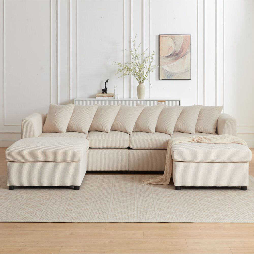 Ebern Designs Roze 4 Seater Corduroy Sofa Beige 68cm H X 260cm W X 170cm D