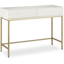 Relaxdays Konsolentisch, 2 Schubladen, Sideboard Flur, Wohnzimmer, Ablagetisch Holzoptik, HxBxT: 80x110x40 cm, weiß/gold