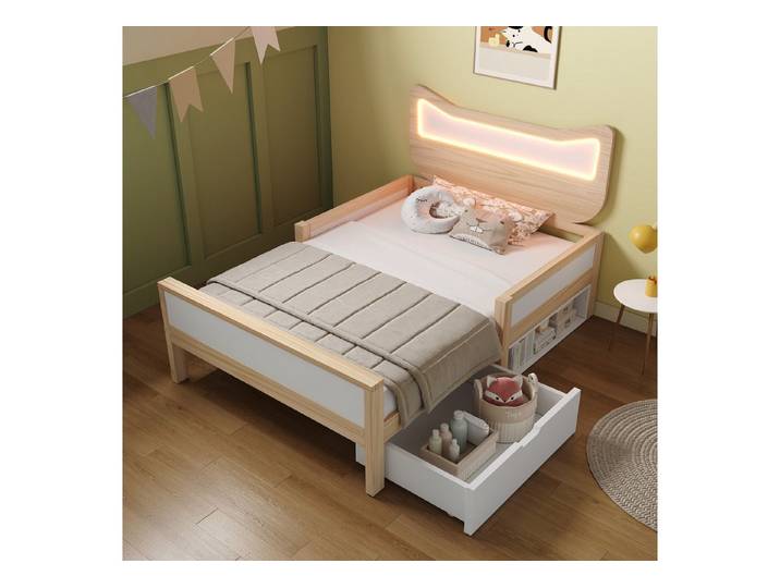 muvano Kinderbett Tagesbett mit Schublade RGB‑LED‑Beleuchtung kindersichere Schutzgitter, Staufach und Rausfallschutz ohne Matratze 90x190CM